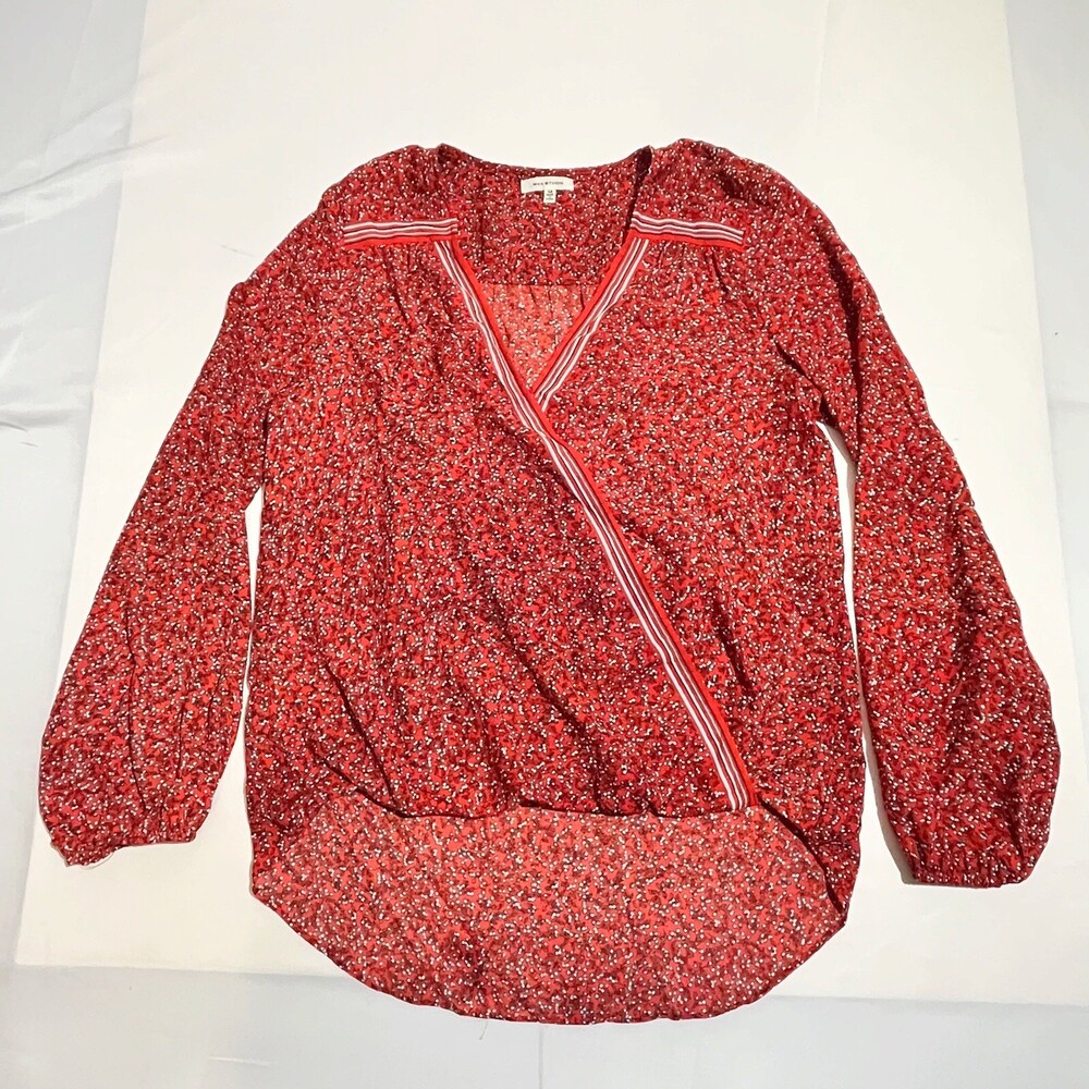 Max Studio Top Womens Medium Floral Faux Wrap Long Sleeve V Neck Hi Lo Tunic